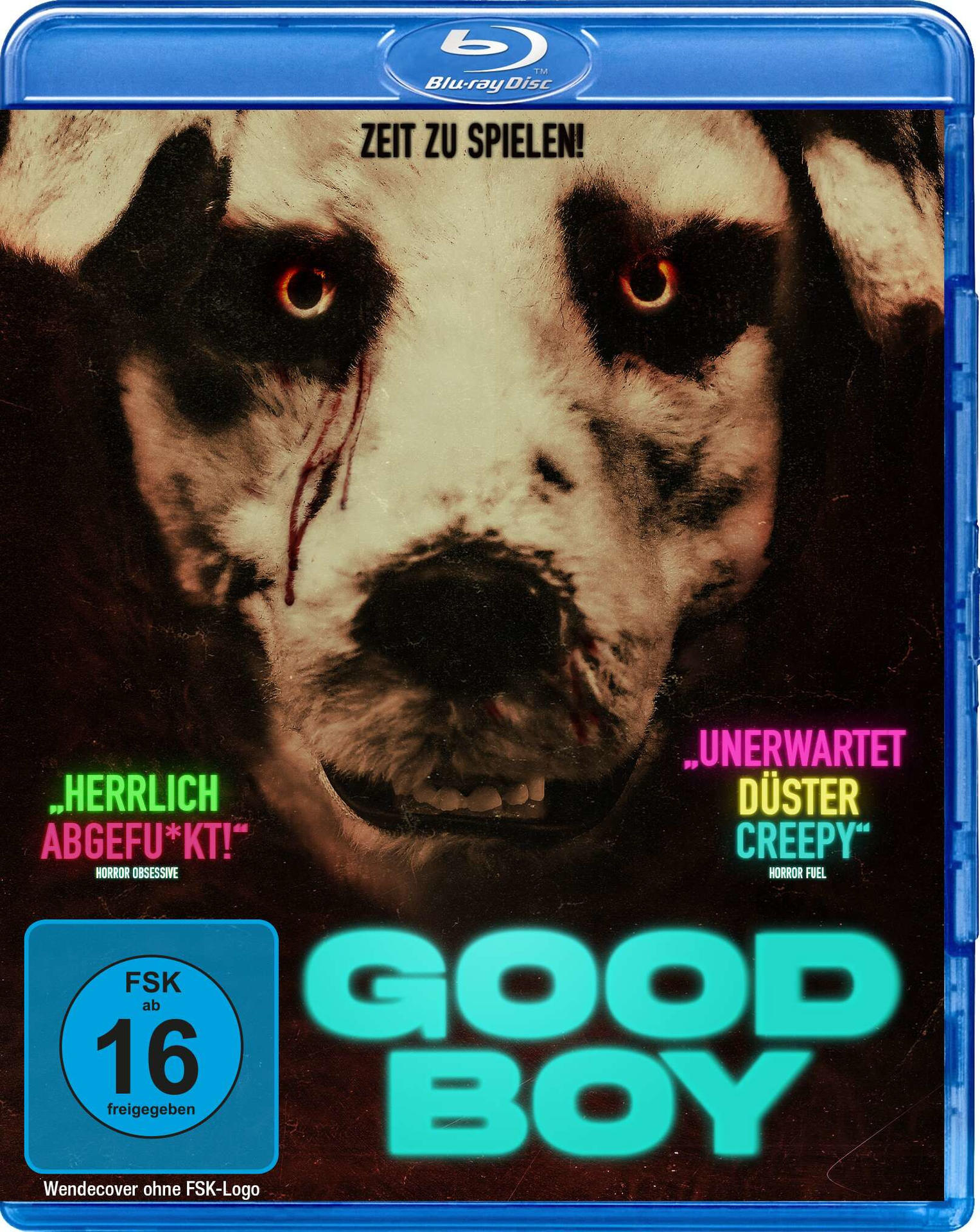 Blu-ray-Cover mit Hundegesicht, Horrorfilmtitel 'Good Boy' und deutschem Text.
