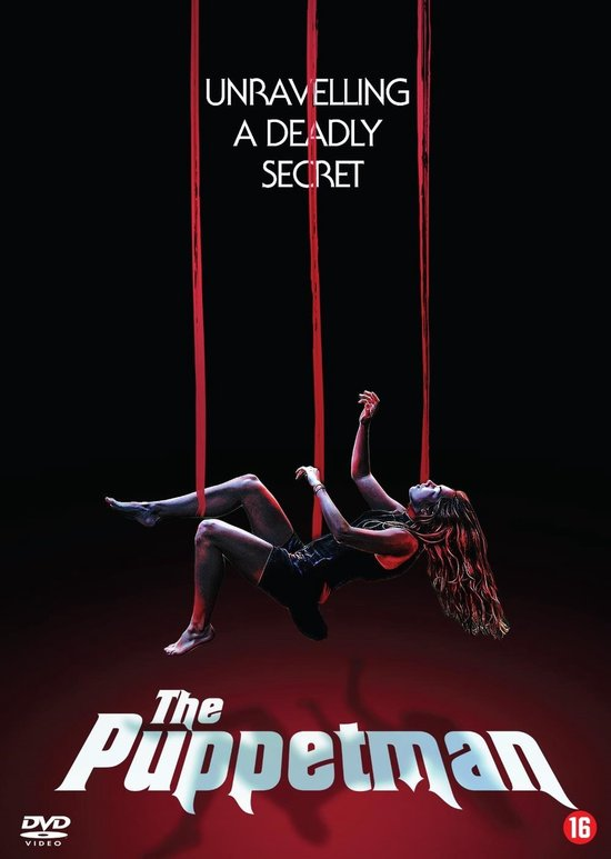 Affiche de film avec une femme suspendue à des cordes rouges. Titre : 'The Puppetman'.