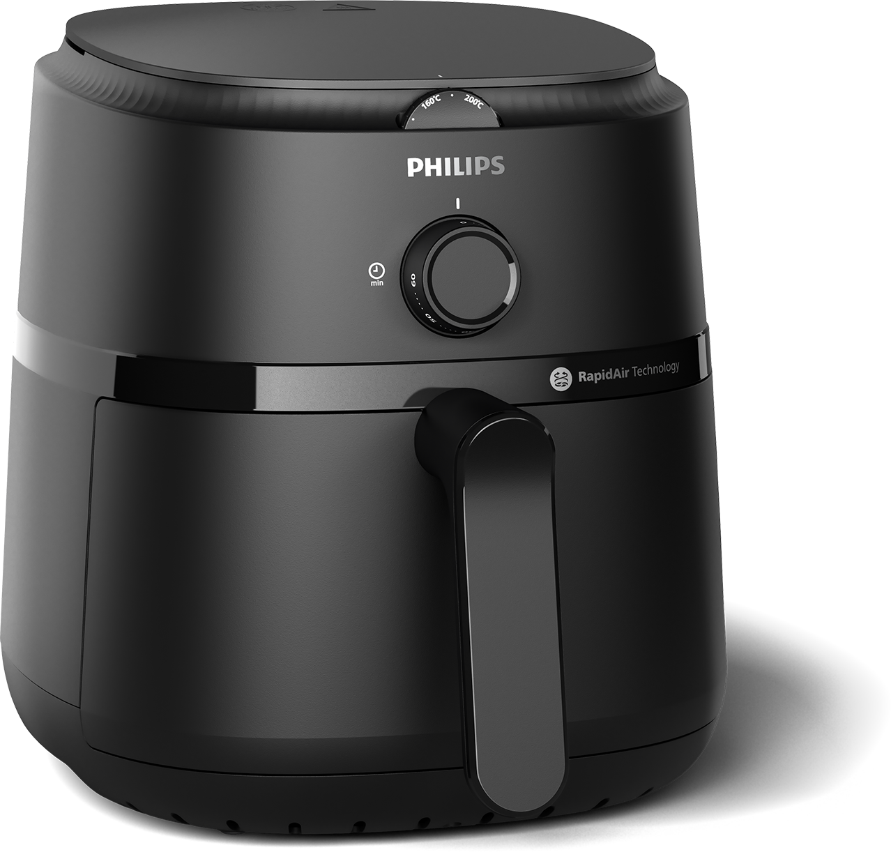 Fekete Philips légkeveréses sütő fogantyúval és hőmérséklet-szabályozóval. RapidAir Technology logó látható.