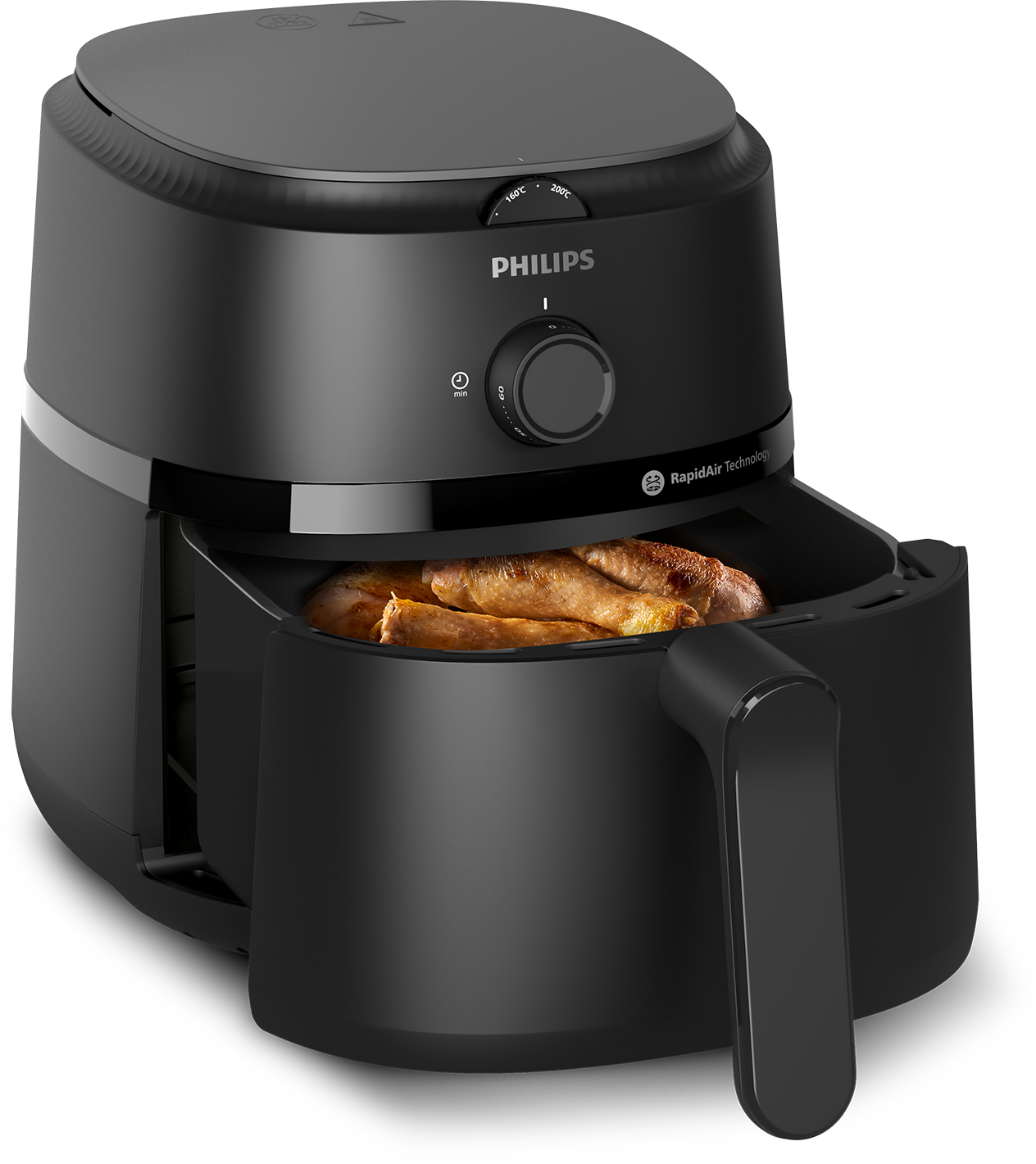Fekete Philips légkeveréses fritőz, sült csirkecombokkal.