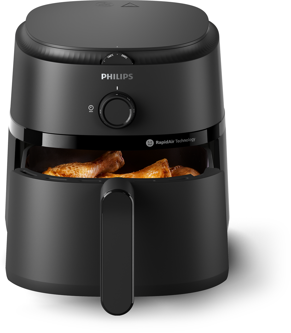 Fekete Philips airfryer csirkecombokkal, fogantyúval.