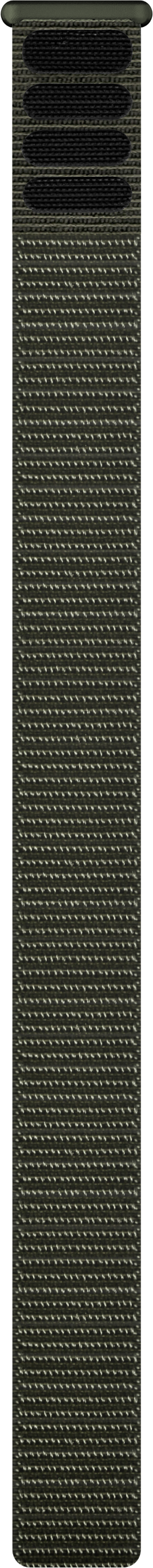 Olivgrünes Uhrenarmband. Das Band hat ein strukturiertes Metallgewebe-Design. Der Hintergrund ist schwarz.