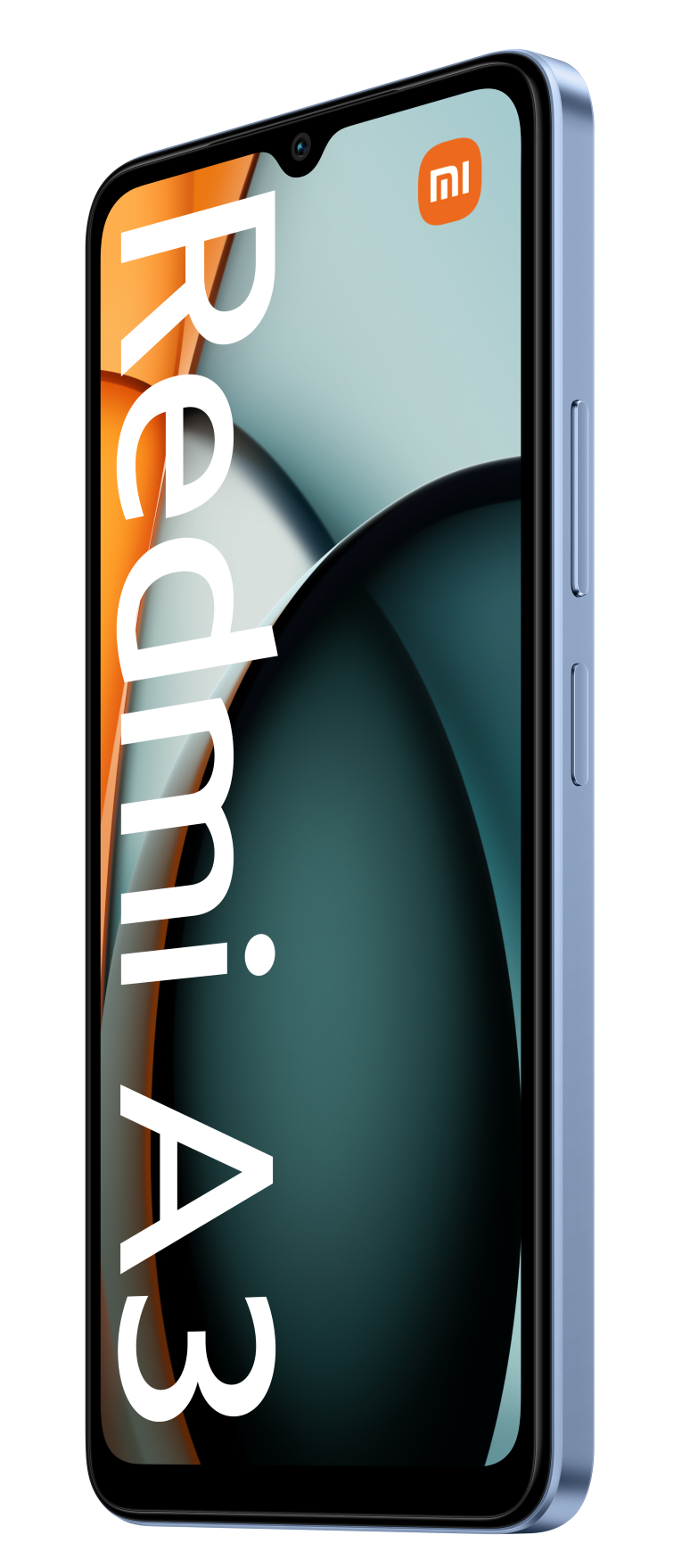 Niebieski smartfon Redmi A3 z perspektywy 3/4, z włączonym ekranem i widocznym logo.