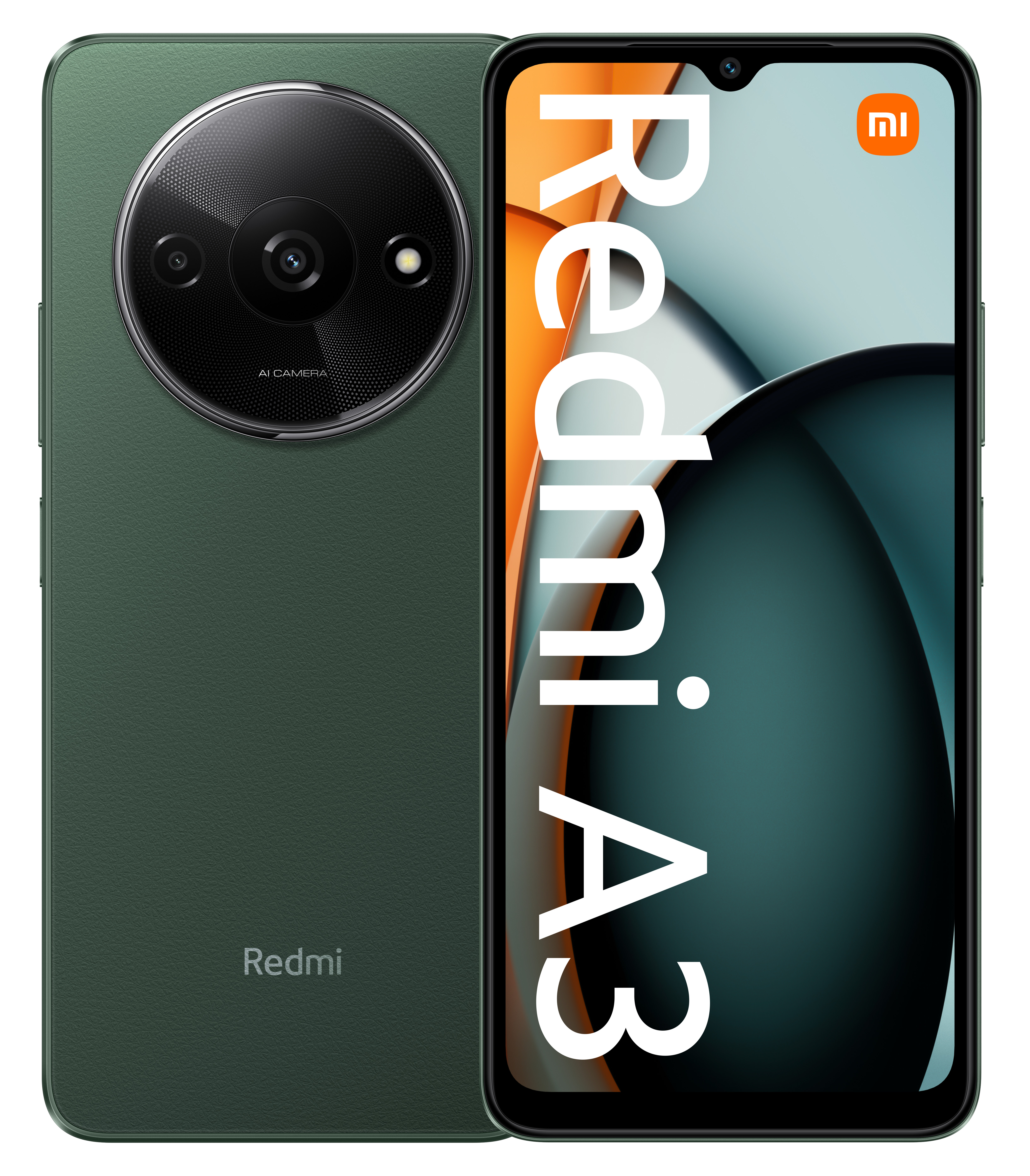 Zielony smartfon Redmi A3, widok z tyłu i z przodu. Posiada duży, okrągły moduł aparatu.