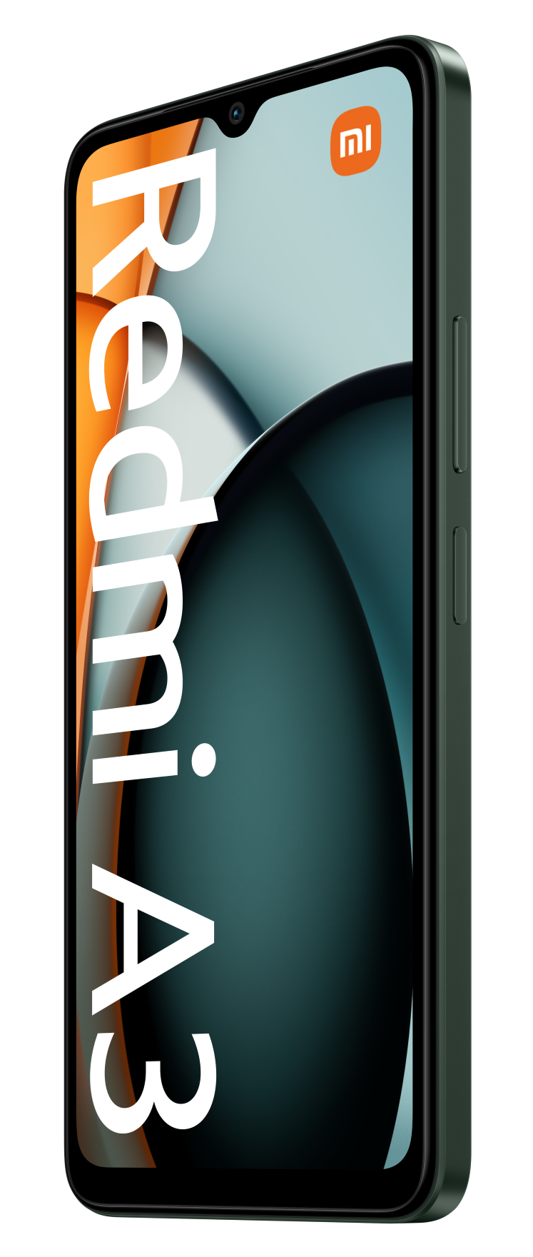 Zielony smartfon z nazwą 'Redmi A3' na ekranie. Telefon ma boczny przycisk i logo Xiaomi.