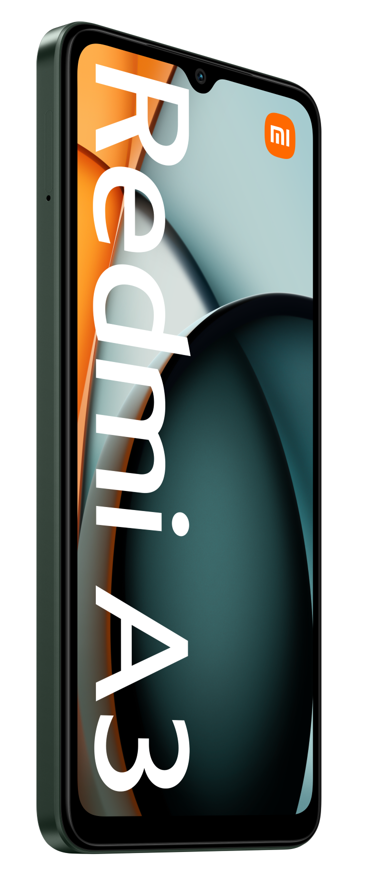 Zielony telefon Redmi A3, wyświetlający kolorowy ekran z białym tekstem 'Redmi A3'.