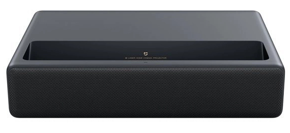 Projektor: Czarne prostokątne urządzenie z kratką głośnika i nazwą marki.