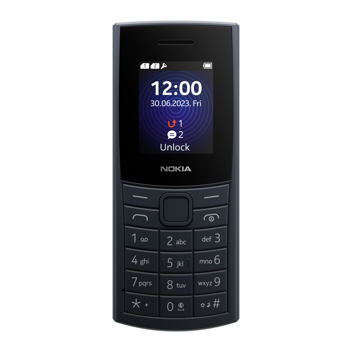 Zwarte Nokia-telefoon met toetsenbord en een scherm dat de tijd, datum en ontgrendelopties weergeeft.