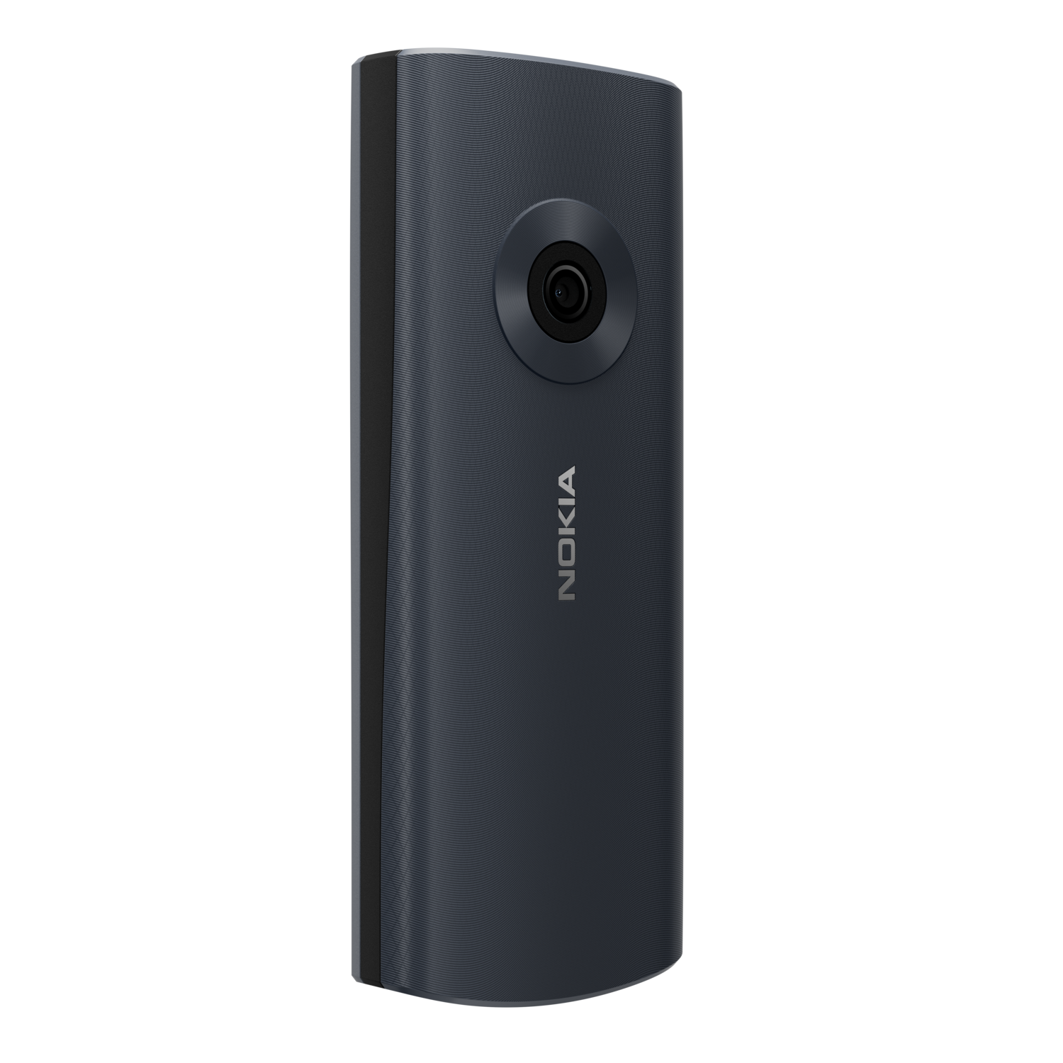 Een donkerblauwe Nokia-telefoon met een opvallende cirkelvormige camera, getoond op een zwarte achtergrond.