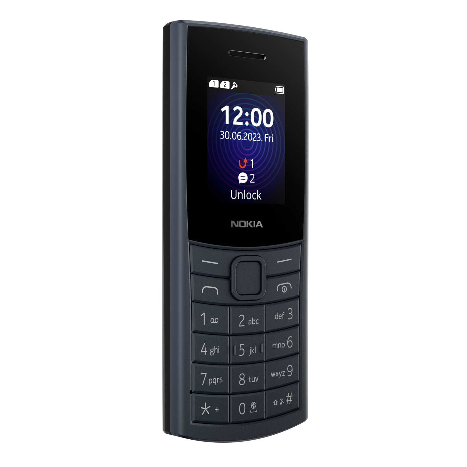 Donkerblauwe Nokia-telefoon met tijd en datum, met een eenvoudig toetsenbord.