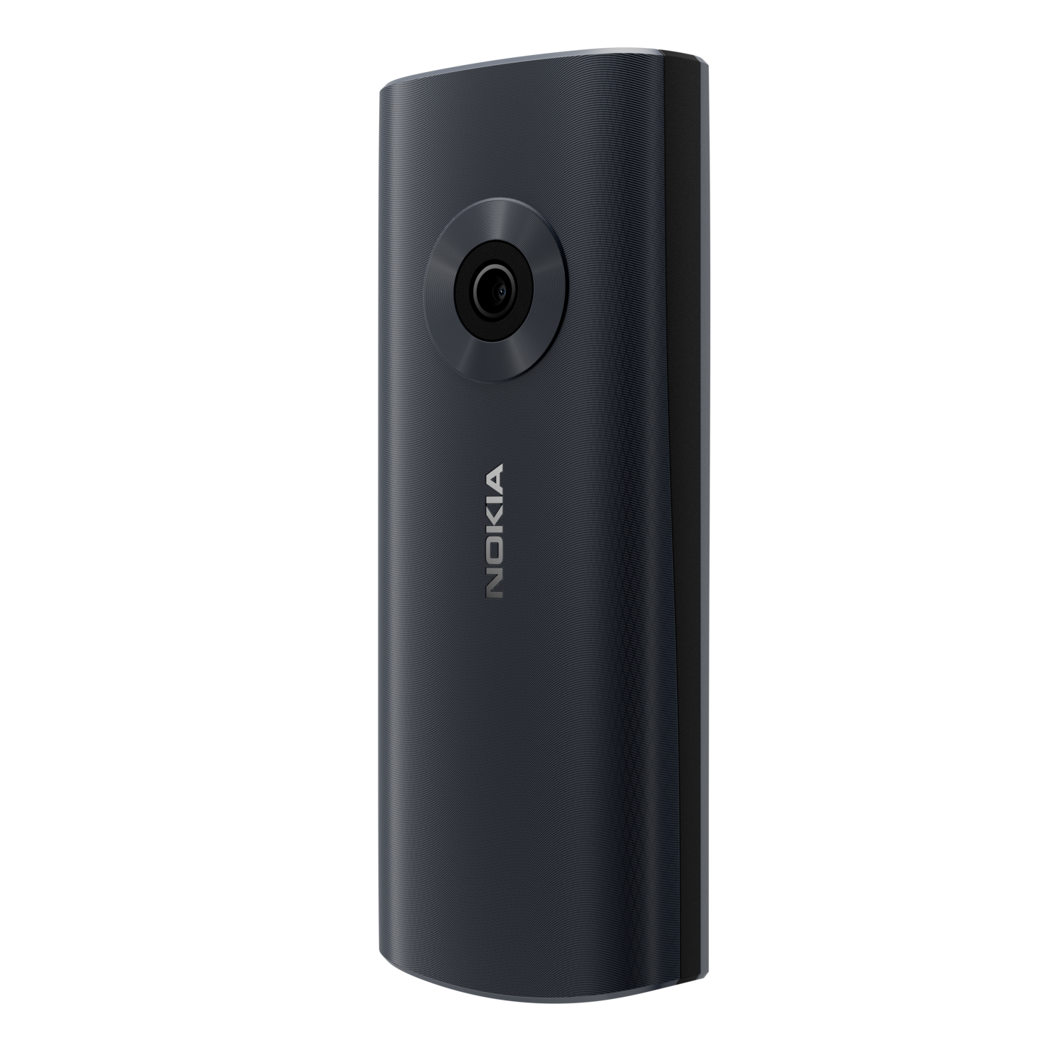 Een zwarte, verticale Nokia-telefoon. De achterkant heeft een camera en een patroon.