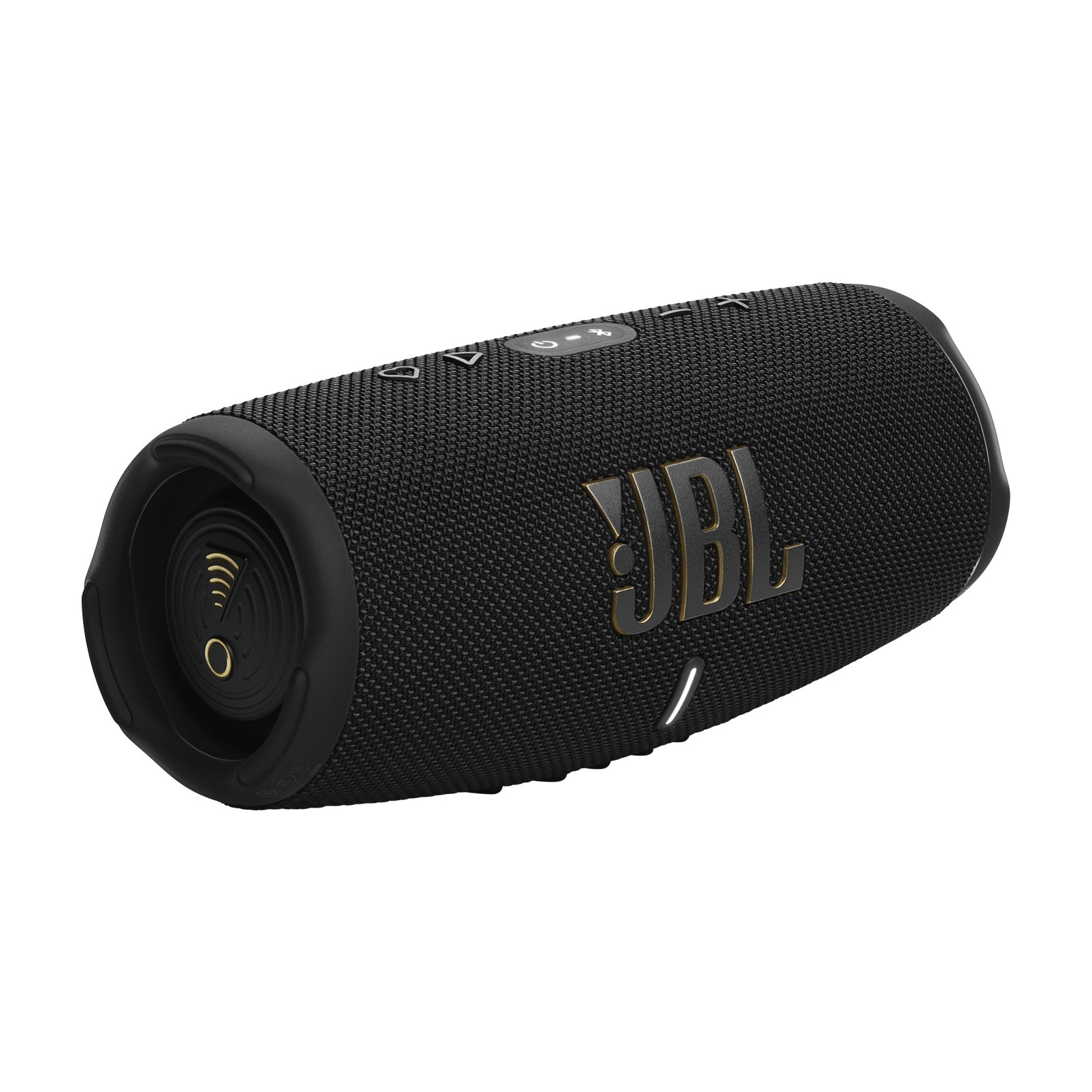 JBL markası olan siyah bir JBL hoparlör, açılı, dokulu bir yüzeye sahip.