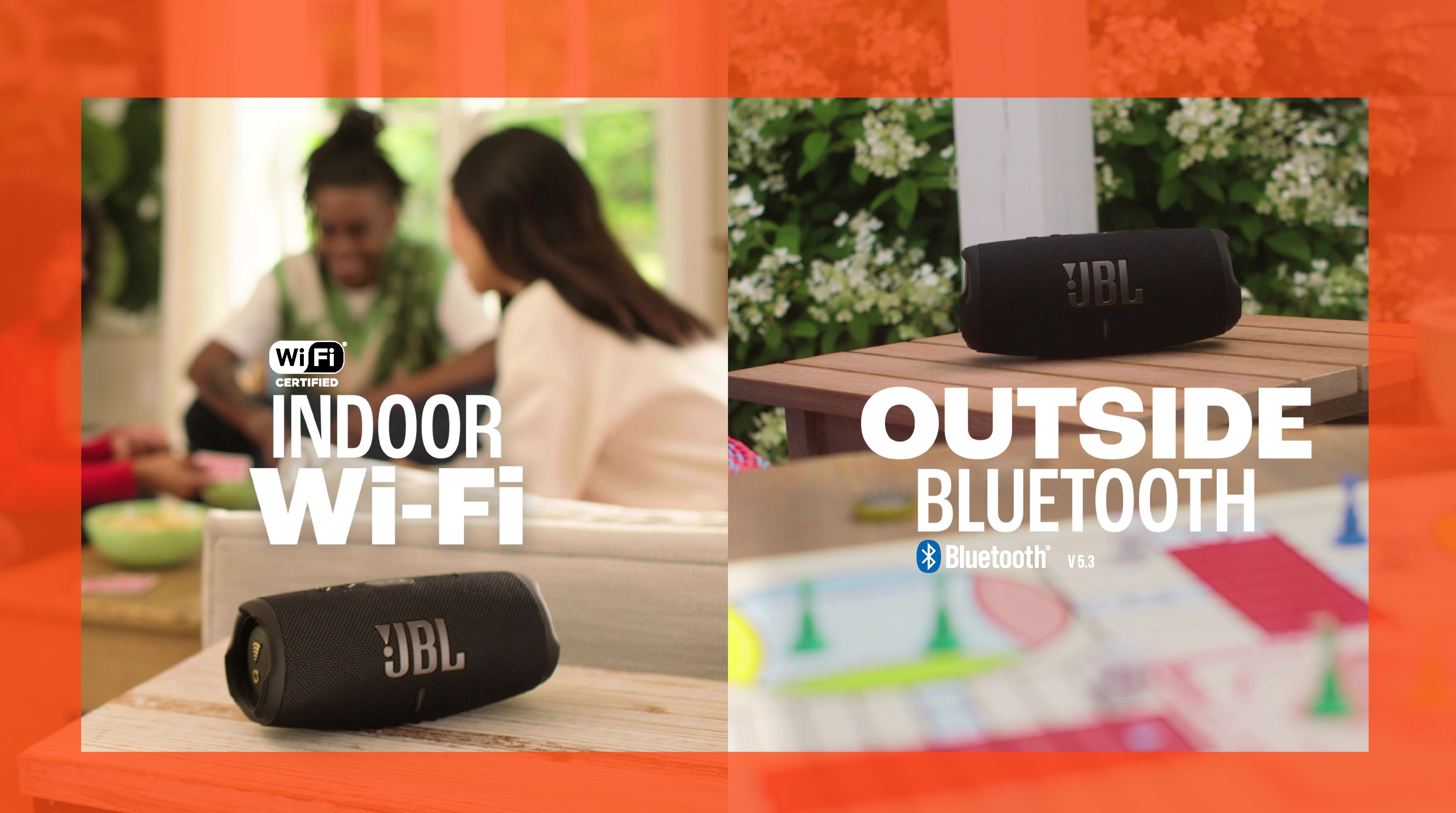 Bir JBL hoparlörün iç mekan Wi-Fi ve dış mekan Bluetooth kullanımı arasında bölünmüş görüntü.
