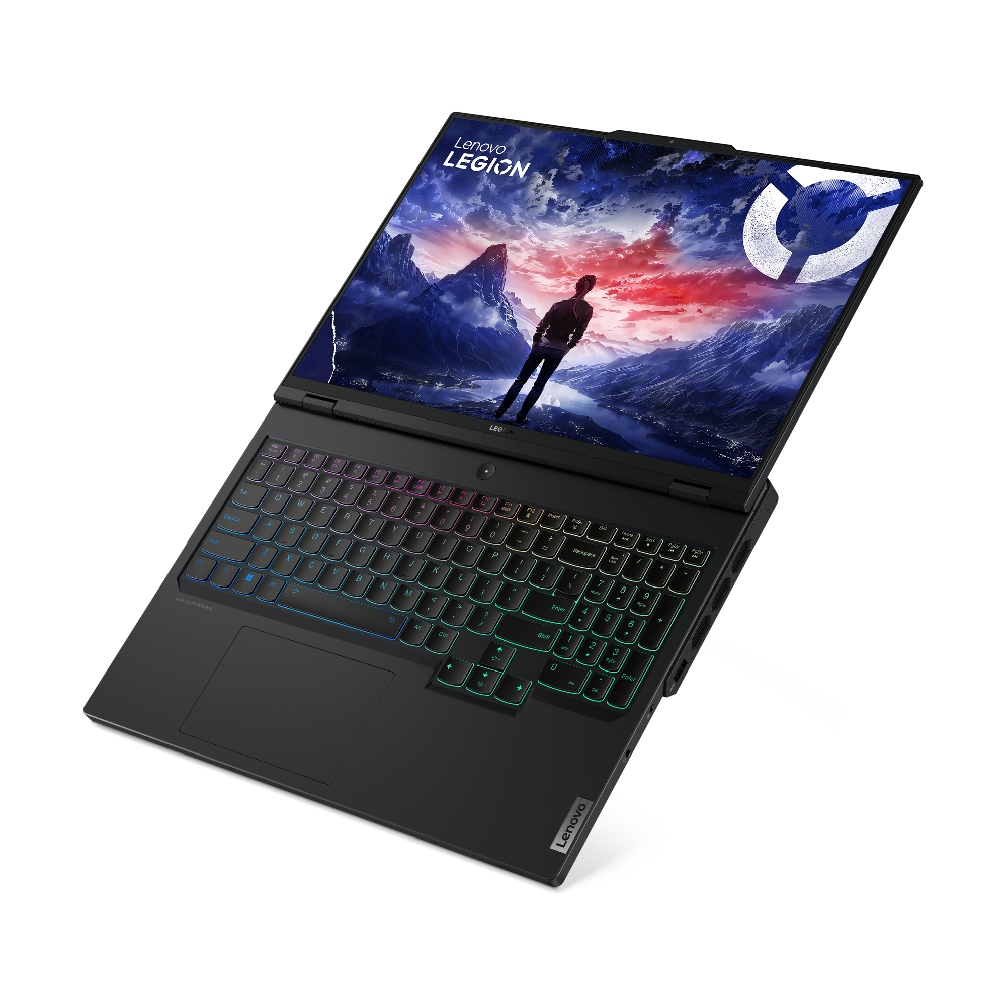 Schwarzes Lenovo Legion Laptop, offen, mit farbenfroher Spielszene, auf weißer Oberfläche.