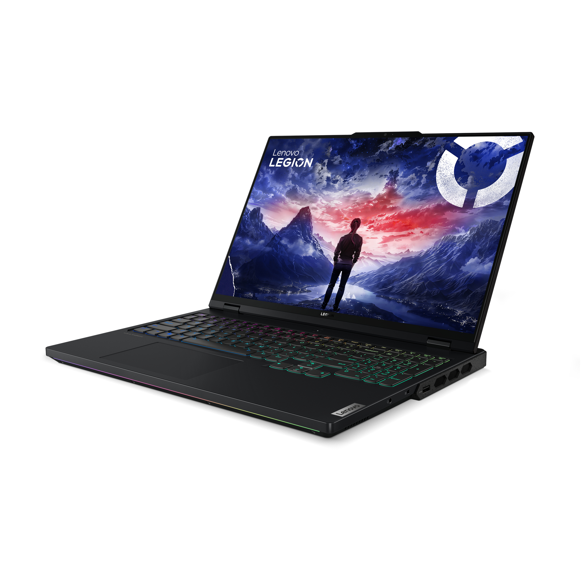 Ein schwarzer Lenovo Legion Laptop ist geöffnet und zeigt eine farbenfrohe Berglandschaft. Er befindet sich auf weißem Hintergrund.