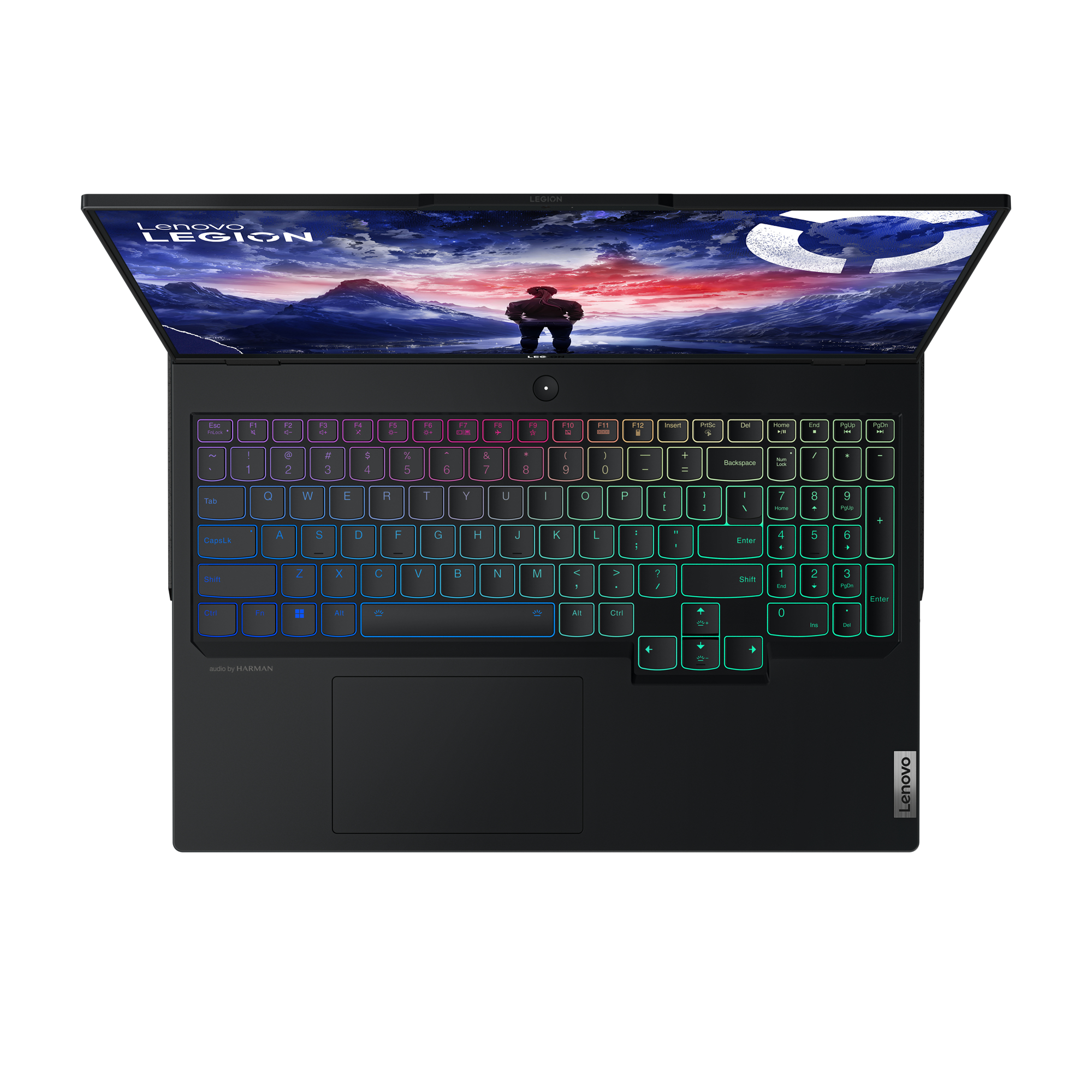 Schwarzer Lenovo Legion Laptop, Draufsicht, Tastatur beleuchtet. Der Bildschirm zeigt Grafik.