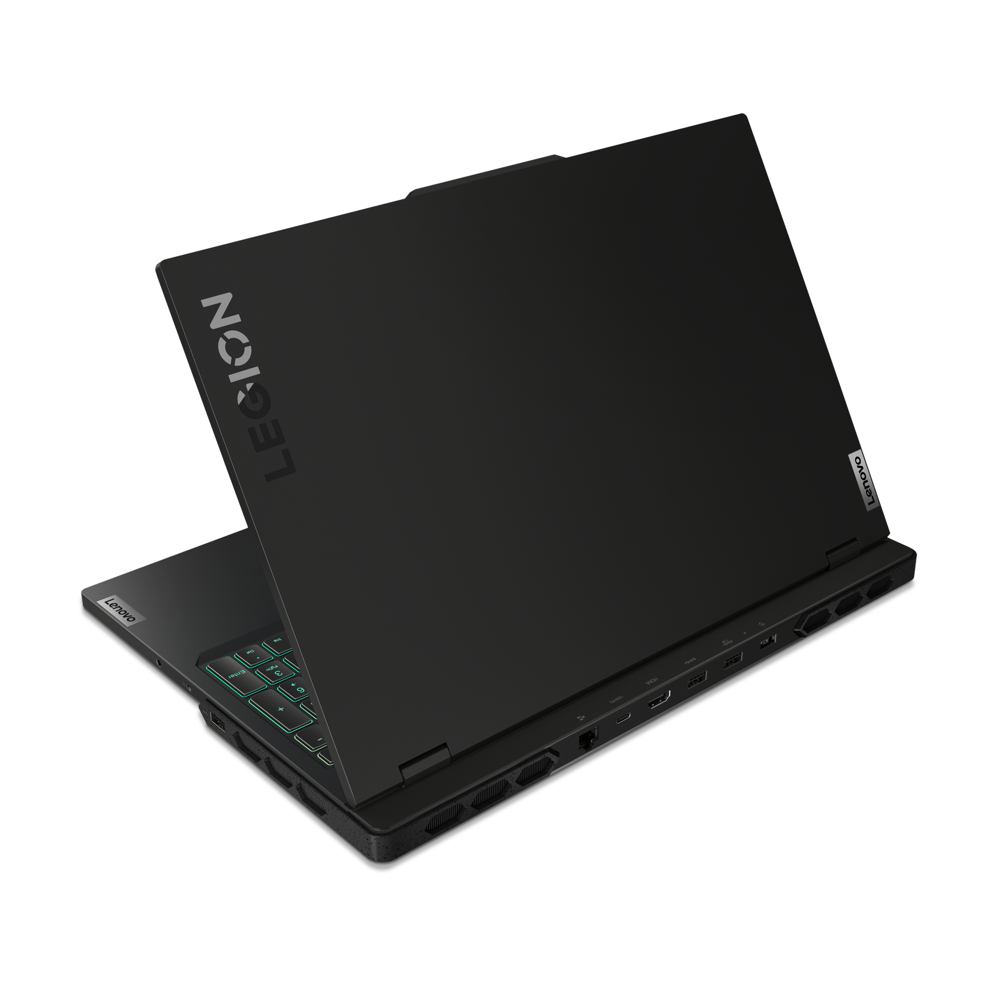 Schwarzer Laptop mit Legion-Logo, offen auf weißem Hintergrund.