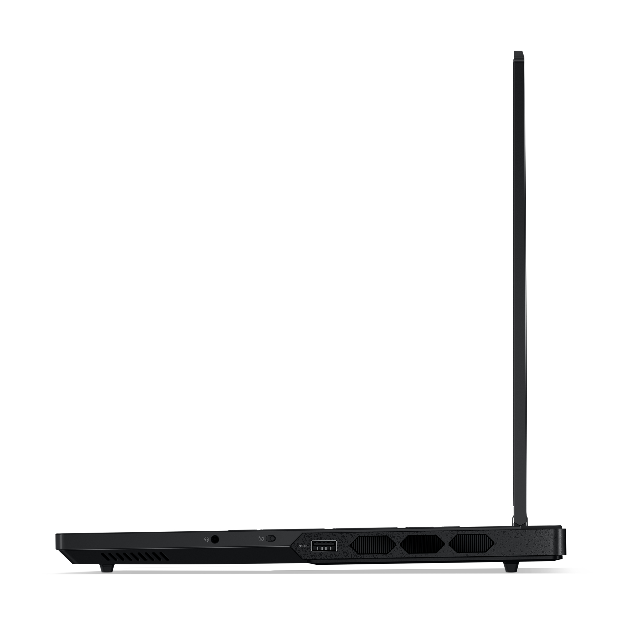 Schwarzer Laptop-Seitenansicht mit Bildschirm und hoher Antenne.