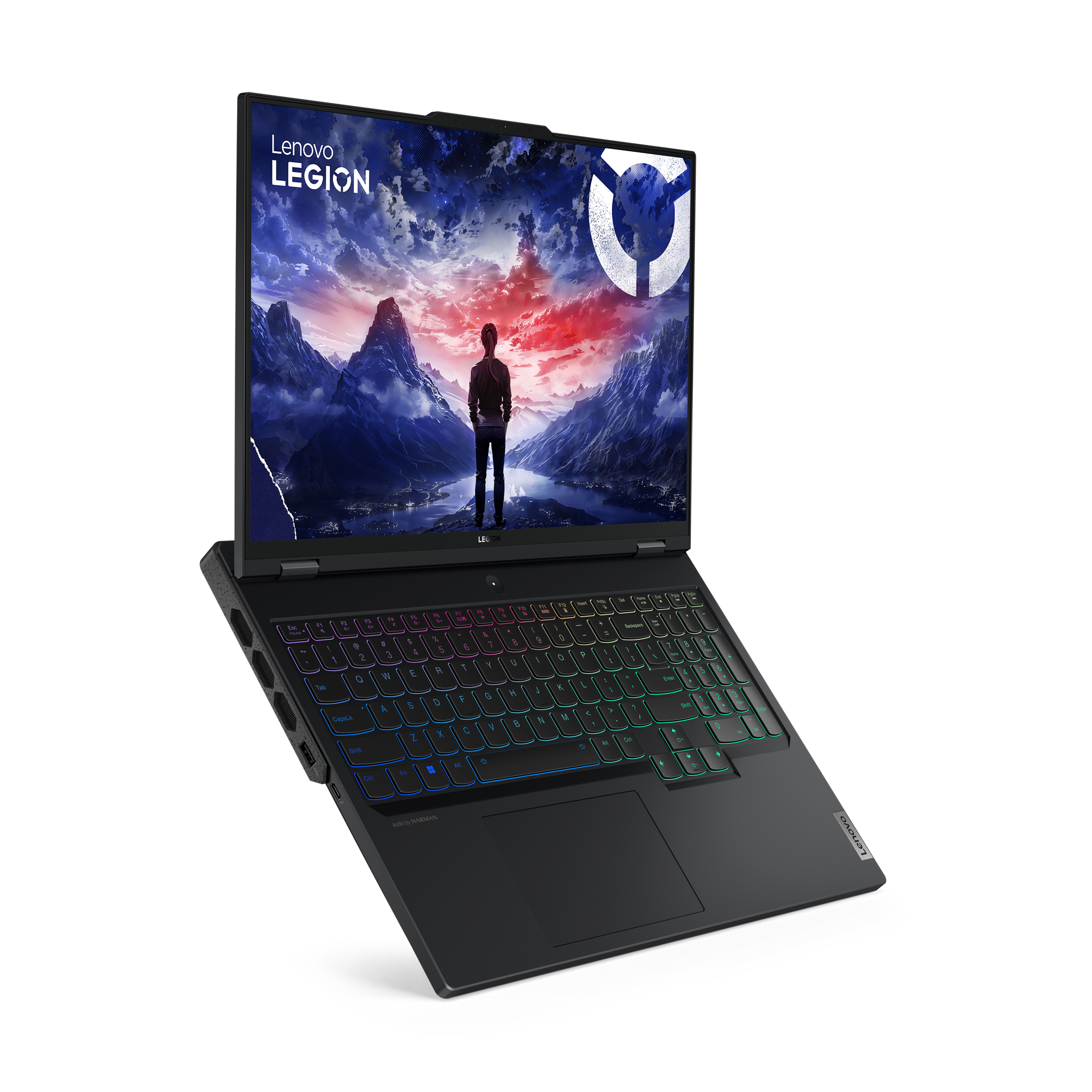 Laptop mit beleuchteter Tastatur, zeigt eine Person auf dem Bildschirm. Der Laptop ist schwarz mit silbernem Scharnier.
