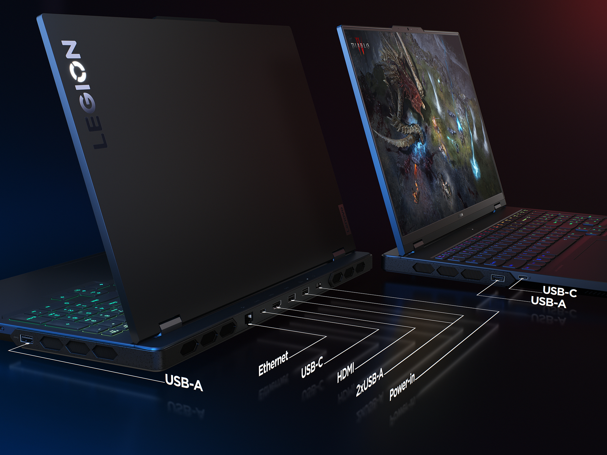 Laptops mit Anschlüssen, Lenovo Legion Logo, auf dunklem Hintergrund.