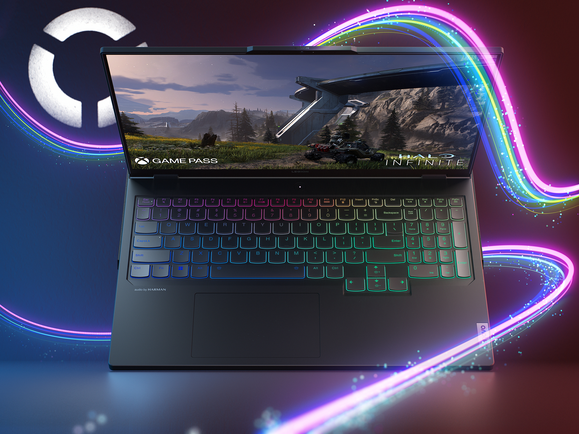 Laptop mit beleuchteter Tastatur zeigt ein Spiel. Ein Regenbogen-Lichtstrom befindet sich rechts.