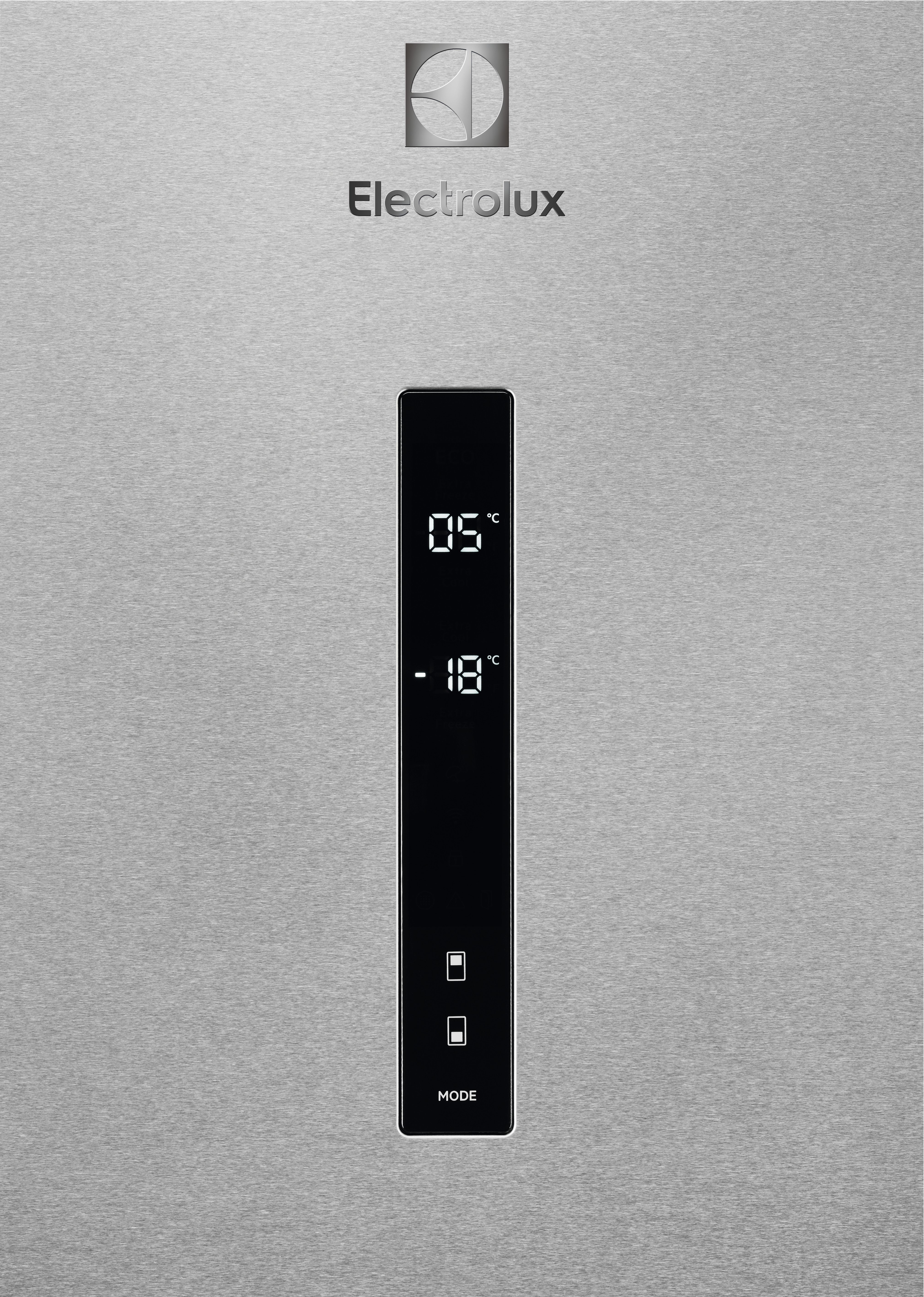 Ekranlı Electrolux buzdolabı kapısı. Ekran sıcaklığı ve mod ayarlarını gösterir.