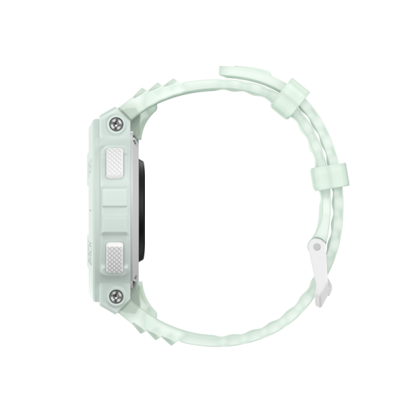 Widok z boku jasnoniebieskiego smartwatcha z jasnoniebieskim paskiem, czarne tło.