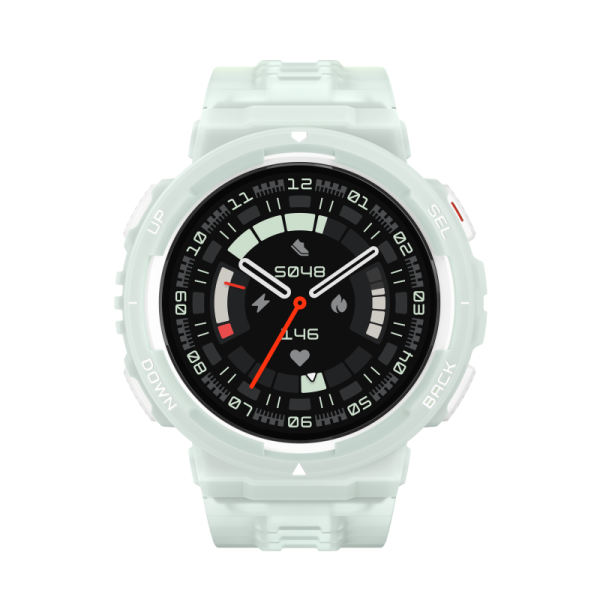 Miętowy smartwatch z czarnym ekranem, cyframi i ikonami. Przyciski po bokach.