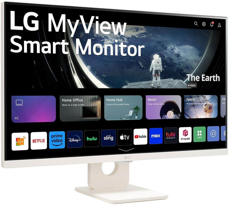 Fehér LG MyView Smart Monitor alkalmazás ikonokat és egy űrbéli jelenetet mutat egy űrhajóssal.