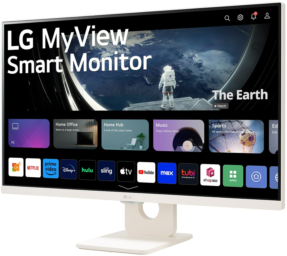 LG MyView monitor űrbéli jelenettel és alkalmazásikonokkal, fehér háttérrel.