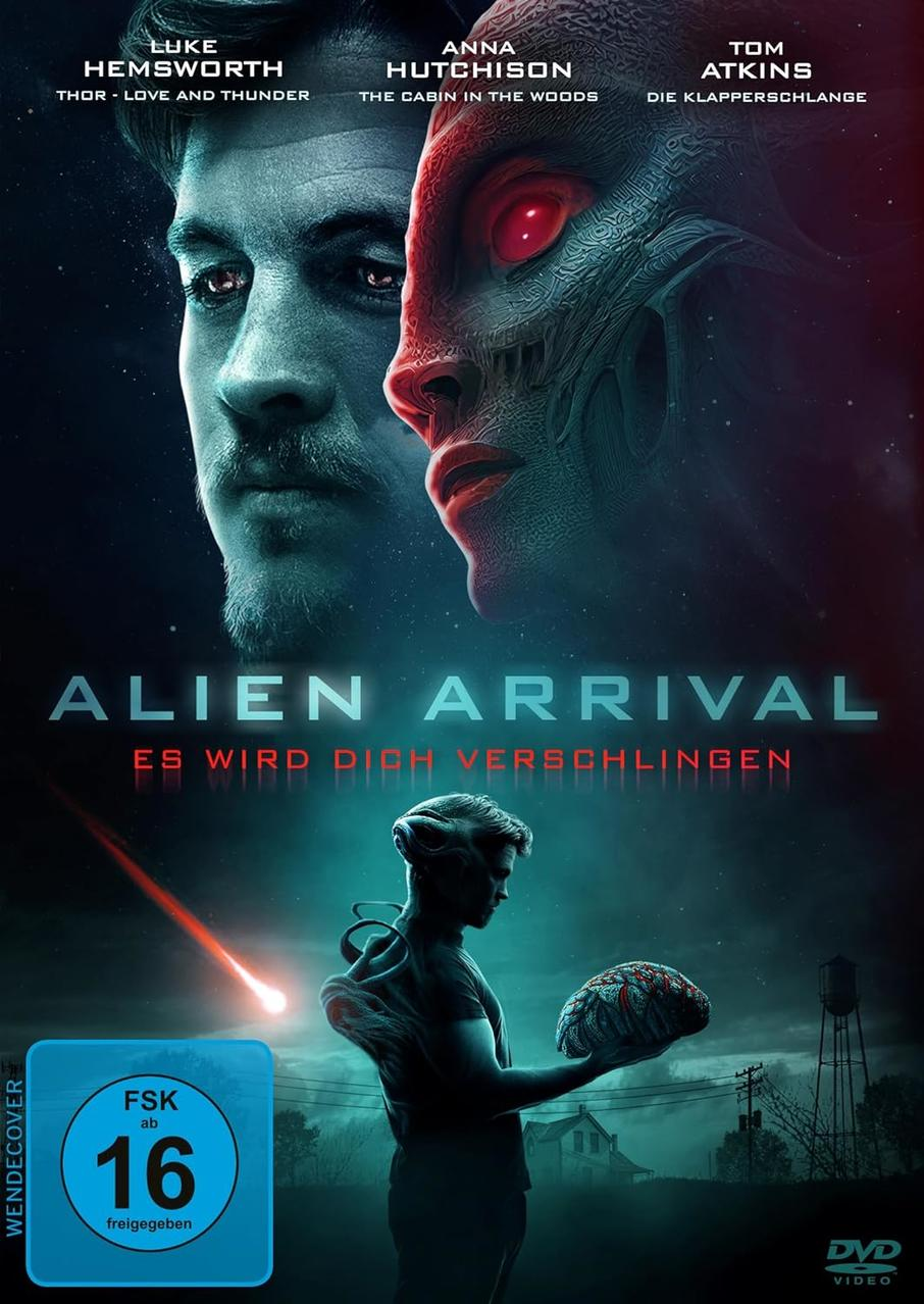 DVD-Cover: Alien Arrival, zwei Figuren stehen sich gegenüber, Titel auf Deutsch.