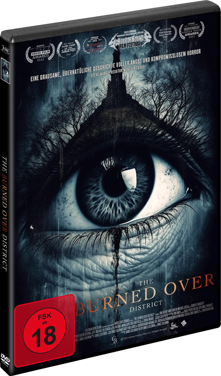 DVD-Cover für den Film "The Burned Over District", mit einem Auge und dunklem Hintergrund.