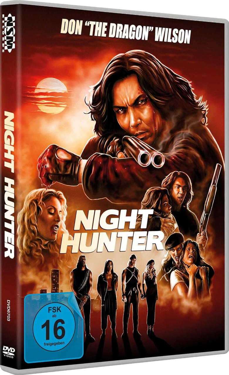 DVD-Cover von 'Night Hunter' mit Don 'The Dragon' Wilson, der eine Waffe hält und anderen Charakteren.