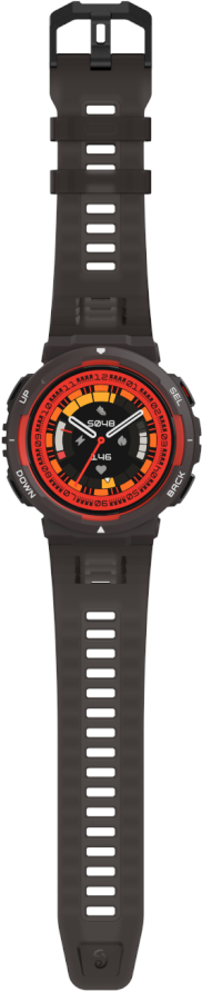 Czarny i pomarańczowy smartwatch Solus z czarnym paskiem.