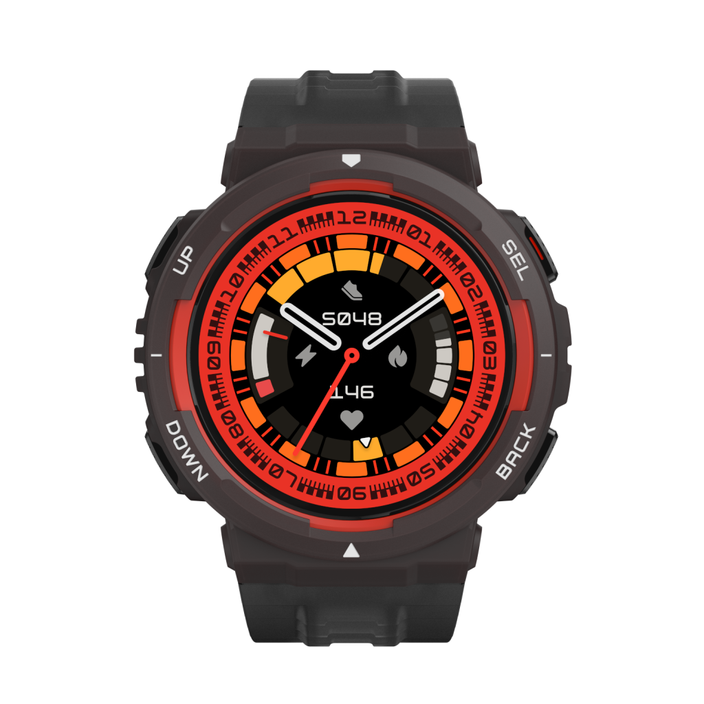 Smartwatch z czerwoną i pomarańczową tarczą oraz czarnym paskiem.