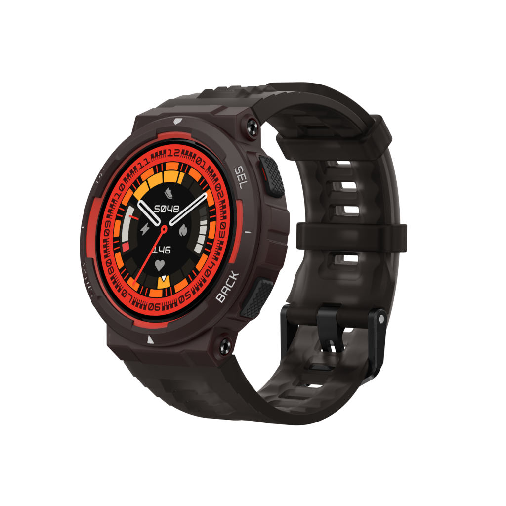 Brązowy smartwatch z czarnym paskiem, wyświetlający interfejs cyfrowy.