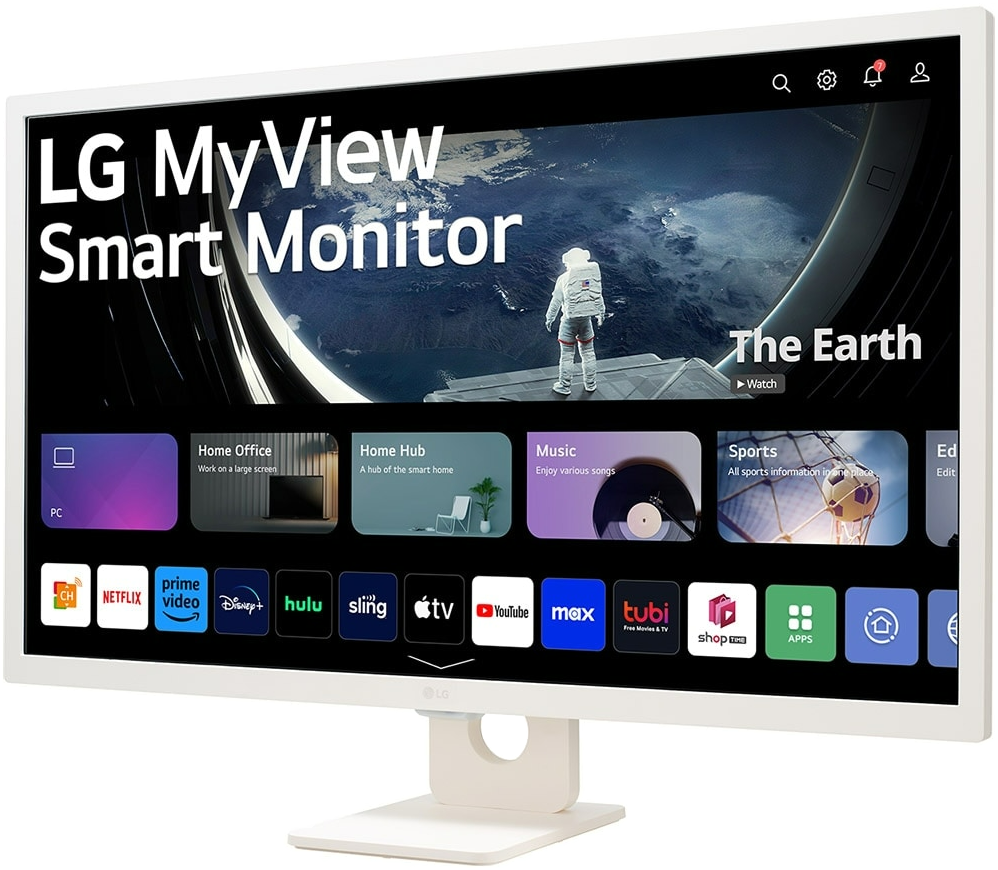 Fehér LG MyView Smart Monitor streaming alkalmazásokat jelenít meg. Űrhajós kép a képernyőn. Alkalmazások: Netflix, YouTube, Disney+.