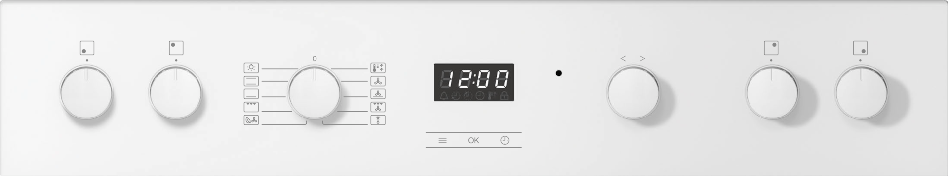 Ein weißes Bedienfeld eines Ofens mit Knöpfen und einer Digitaluhr, die 12:00 anzeigt.