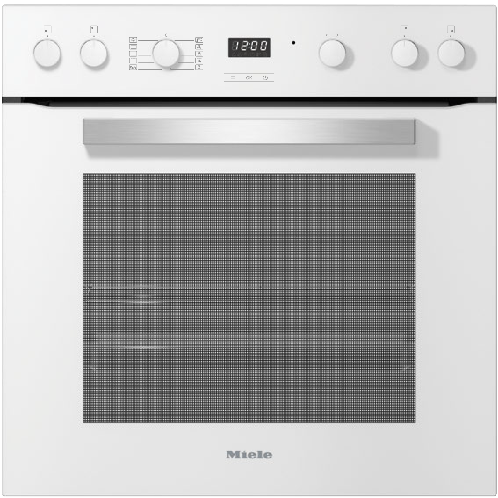 Weißer Backofen mit Bedienelementen, Digitalanzeige und großer Glastür mit Gittermuster, Miele-Logo.