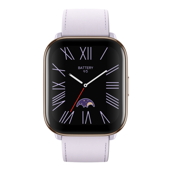 Smartwatch z kwadratową czarną tarczą, rzymskimi cyframi i białym paskiem na ciemnym tle.