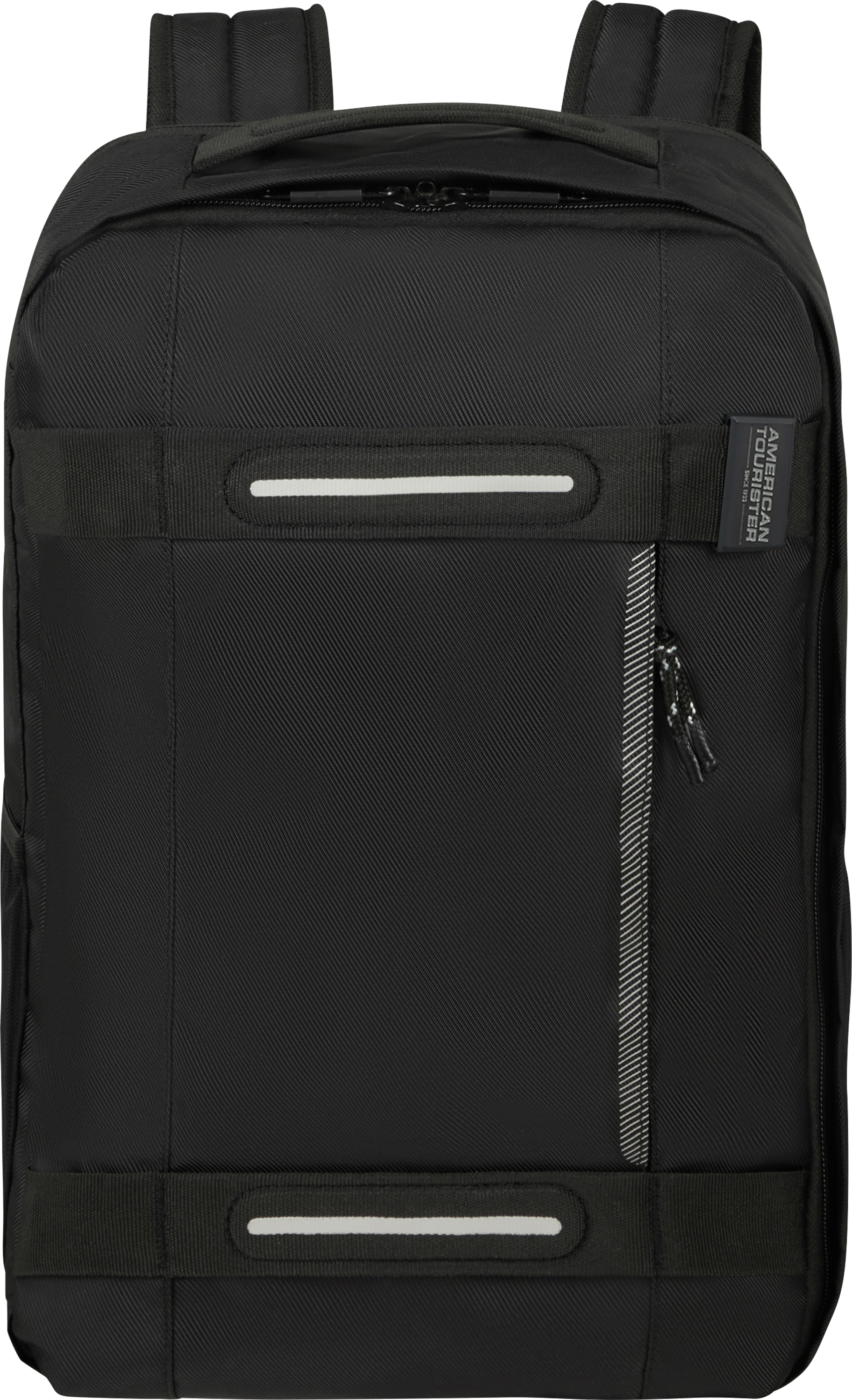 Fekete hátizsák fehér fényvisszaverő csíkokkal. Látható az "AMERICAN TOURISTER" márkanév.