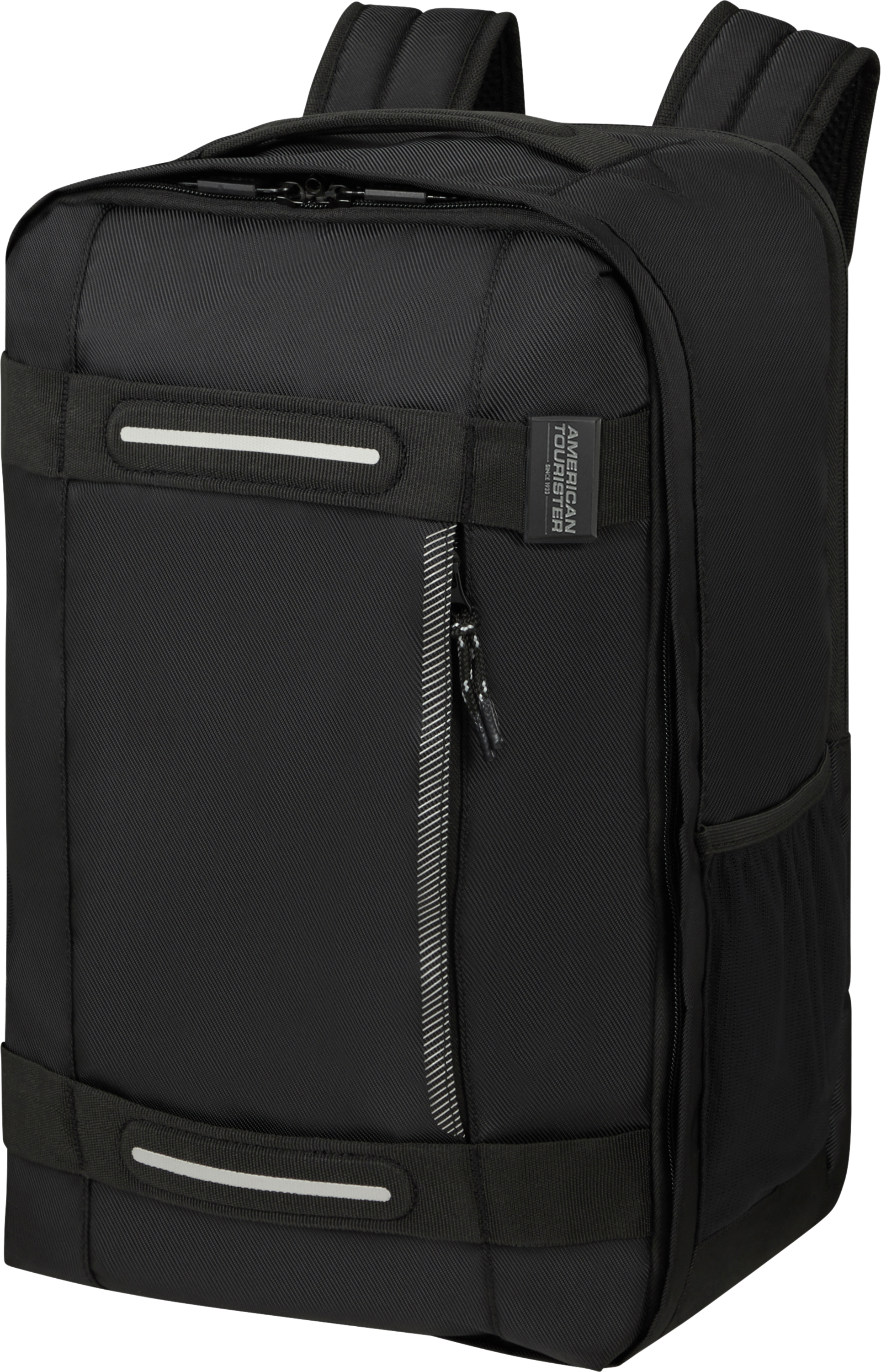 Fekete American Tourister hátizsák elülső zsebbel, fényvisszaverő csíkokkal és oldalzsebbel.