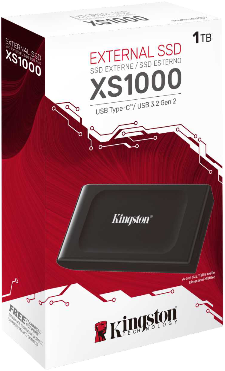 Fekete külső SSD egy dobozban szöveggel és piros dizájnnal. Kingston márka.
