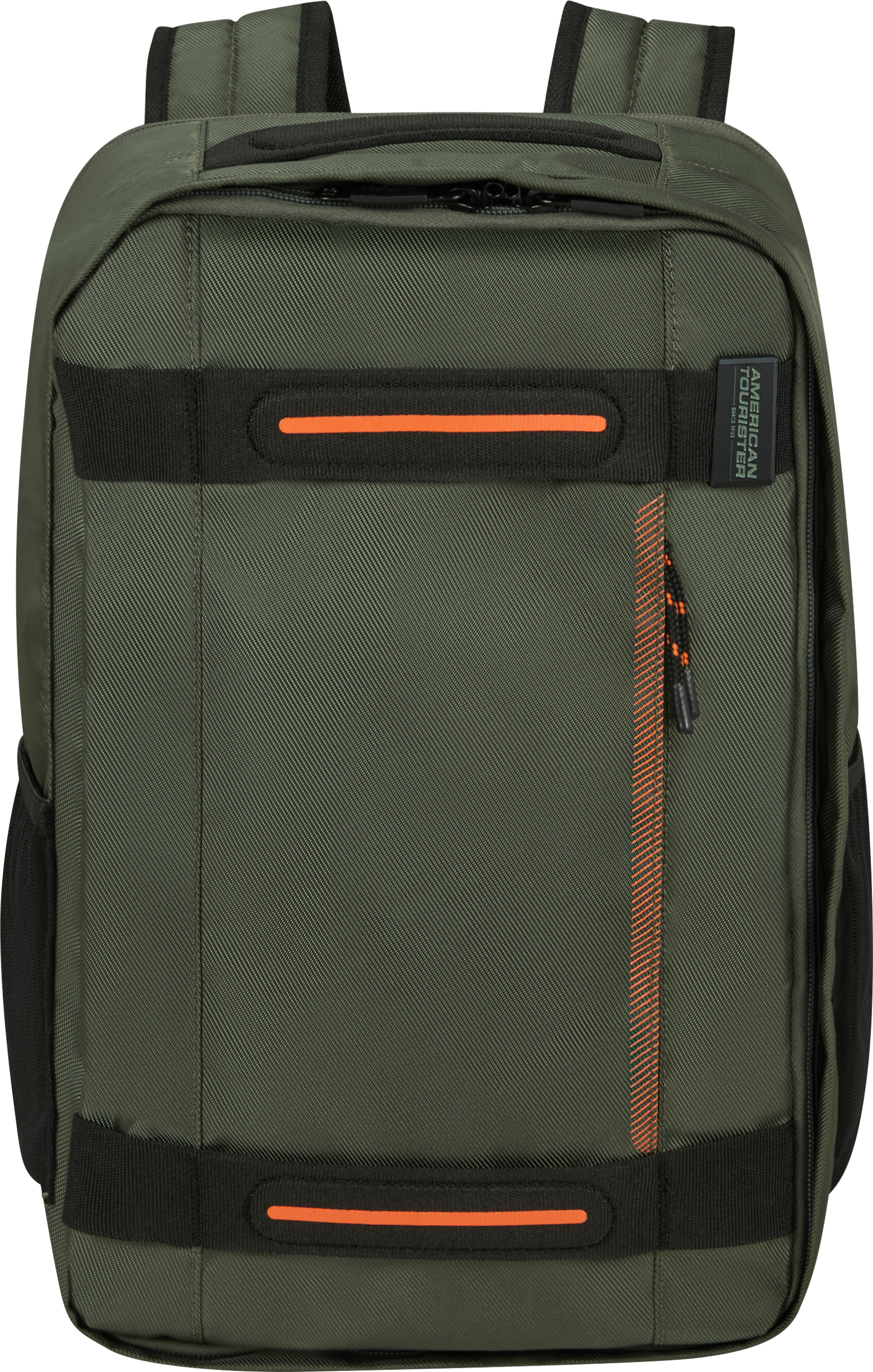 Zöld American Tourister hátizsák fekete és narancssárga díszítéssel.