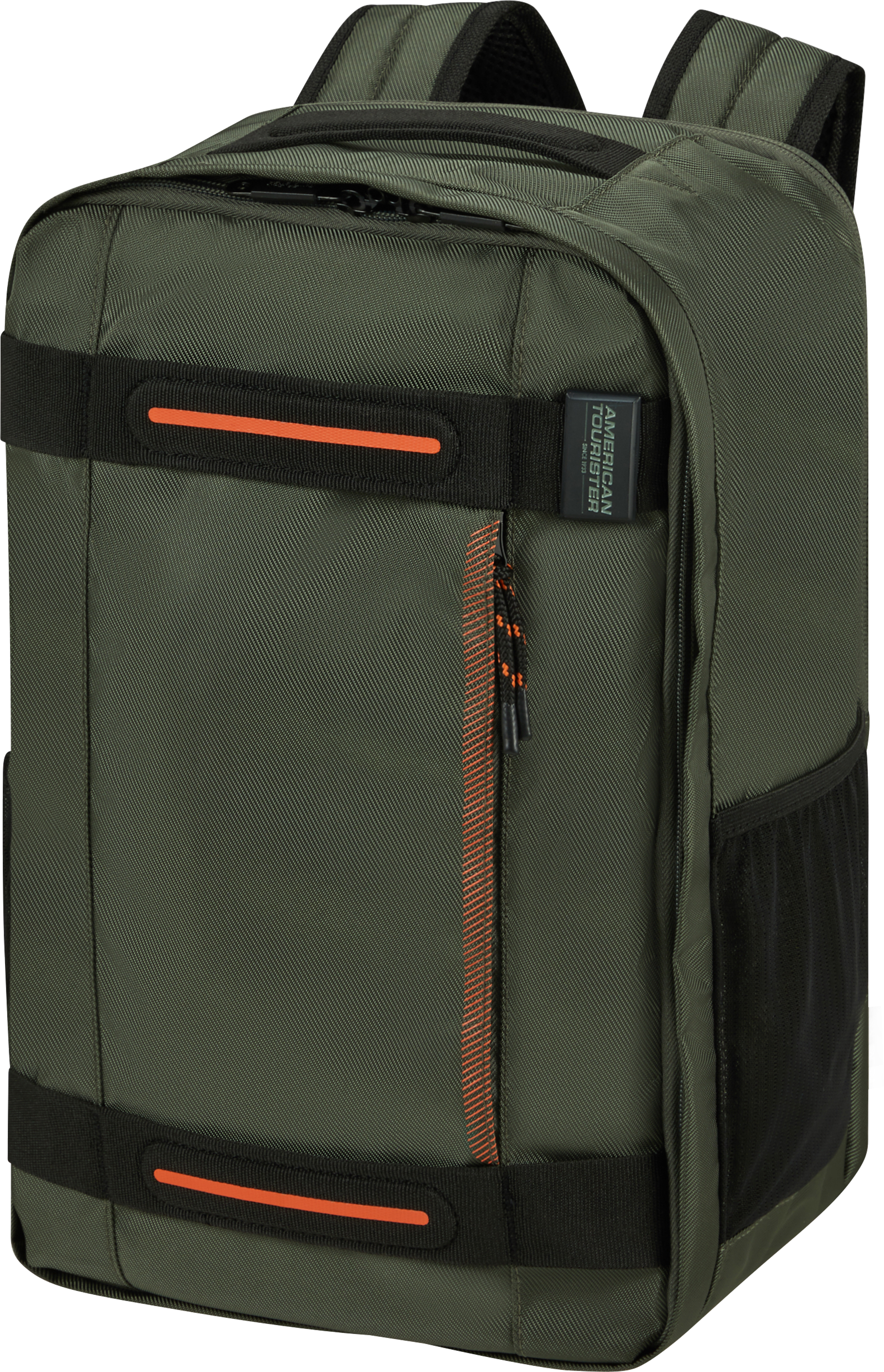 Zöld hátizsák fekete és narancssárga díszítéssel. American Tourister logó az oldalán.