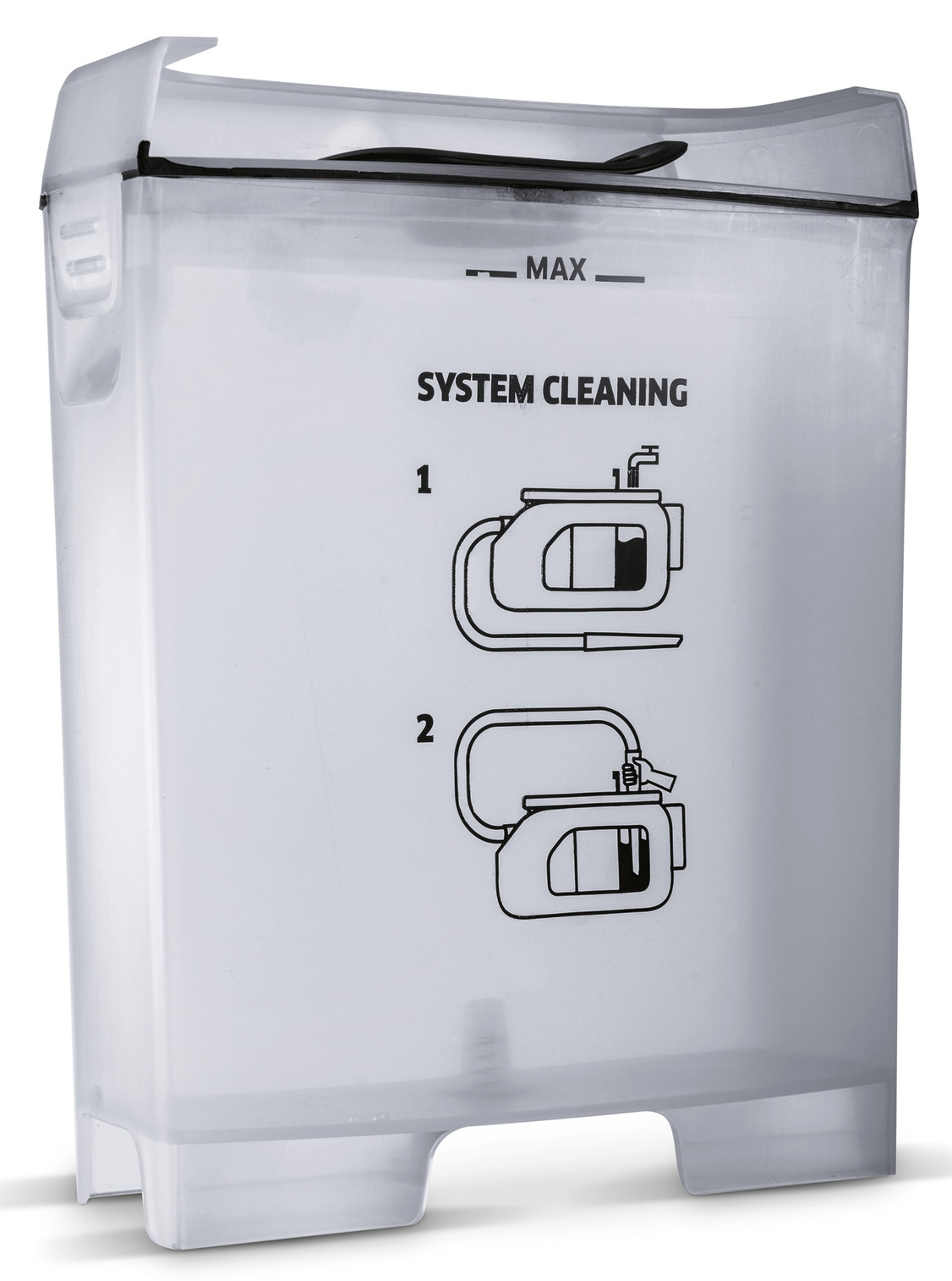 Átlátszó műanyag tartály "SYSTEM CLEANING" utasításokkal és ábrákkal.