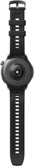 Czarny smartwatch, pokazujący spód z czujnikiem i dołączonym paskiem.