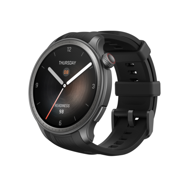 Czarny smartwatch z okrągłą tarczą, pokazujący godzinę i poziom gotowości. Czarny pasek.