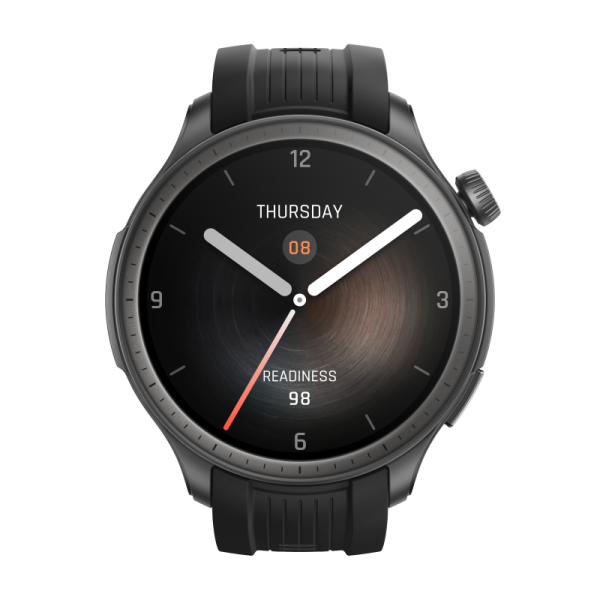 Czarny smartwatch na czarnym tle. Tarcza zegarka pokazuje godzinę, datę i gotowość.