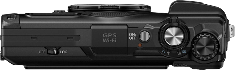 Fekete kamera felülnézetből, gombokkal, tárcsákkal és objektívvel. A kamerában GPS és Wi-Fi van.